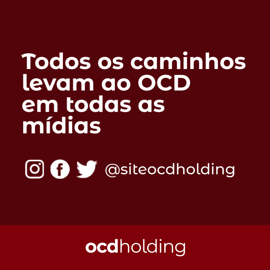 Banner de mídia social do OCD Holding, em que se lê "Todos os caminhos levam ao OCD em todas as mídias" e abaixo, o user @siteocdholding ao lado dos ícones do Instagram, Facebook e Twitter, tendo no rodapé o logotipo do OCD Holding. Fim da descrição.